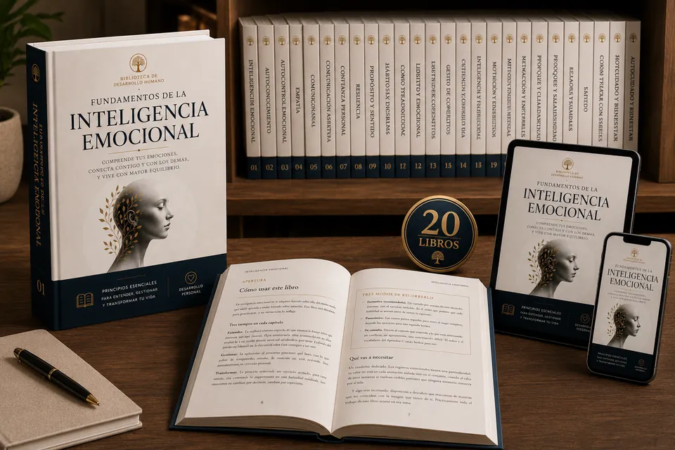 Biblioteca de Inteligencia Emocional: los 20 volúmenes impresos junto a la misma edición digital en tableta y teléfono
